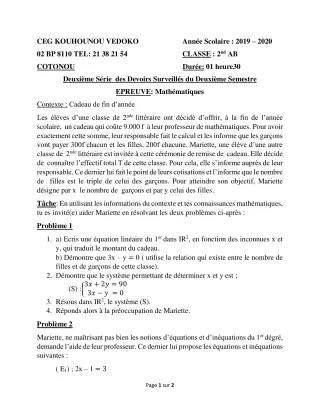 Première page de Mathématiques 2nde A1, 2nde A2, 2nde B — 2e devoir surveillé, 2e semestre (2019-2020) · CEG Kouhounou-Vêdoko