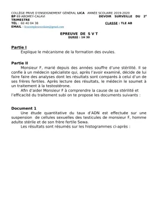 Première page de SVT Tle A2, Tle B — 1er devoir surveillé (2019-2020) · CPEG LICA
