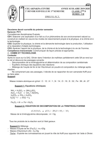 Première page de PCT 2nde D — 2e devoir surveillé, 1er semestre (2019-2020) · CEG 1 Akpakpa-Centre
