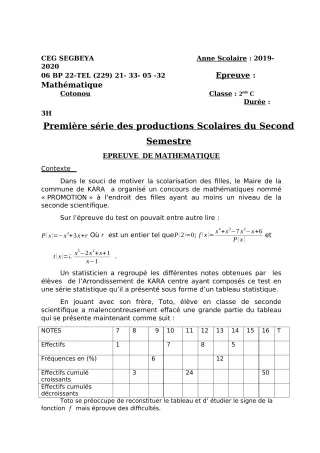 Première page de Mathématiques 2nde C — 1re production scolaire, 2e semestre (2019-2020) · CEG SEGBEYA