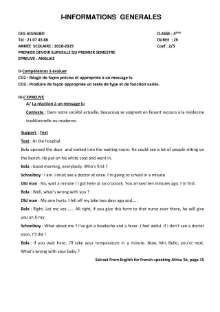 Première page de Anglais 4e, 4e ML — 1er devoir surveillé, 1er semestre (2018-2019) · CEG ADJAGBO