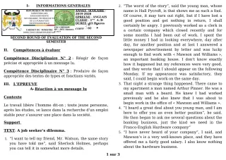 Première page de Devoir surveillé de ANGLAIS — 1ère A1, 1ère A2, 1ère D — CEG GBESSOU (2019)