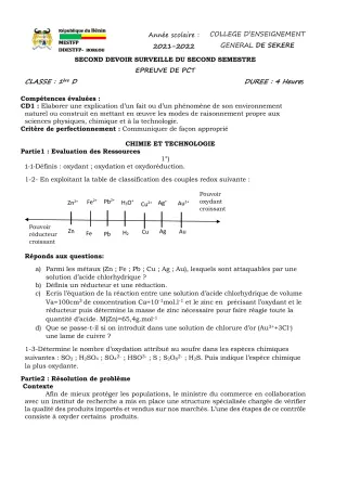 Première page de PCT 1ère D — 2e devoir surveillé, 2e semestre (2021-2022) · CEG SEKERE