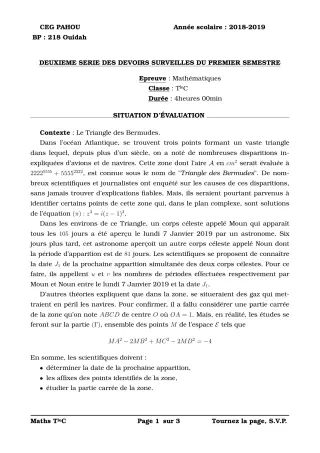 Première page de Mathématiques Tle C — 2e devoir surveillé, 1er semestre (2018-2019) · CEG PAHOU