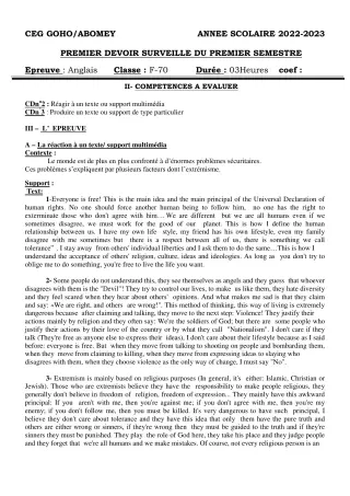 Première page de Anglais Tle A2, Tle D — 1er devoir surveillé, 1er semestre (2022-2023) · CEG GOHO