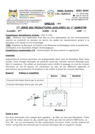 Première page de PCT 5e — 1re production scolaire, 1er semestre (2023-2024) · CEG1 Ikpinlè