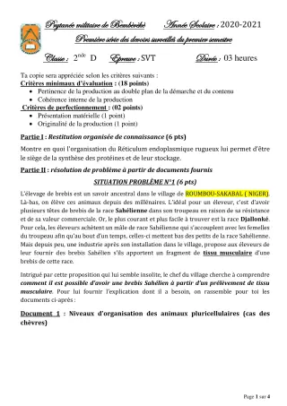 Première page de SVT 2nde D — 1er devoir surveillé, 1er semestre (2020-2021) · PMB