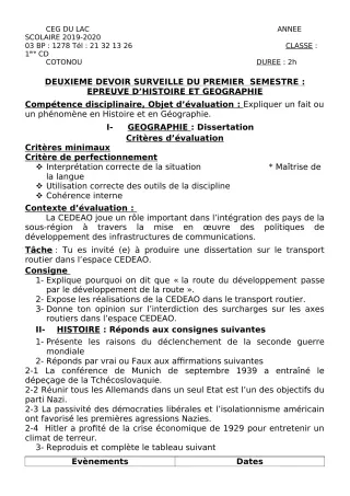 Première page de Histoire-Géographie 1ère C, 1ère D — 2e devoir surveillé, 1er semestre (2019-2020) · CEG du Lac