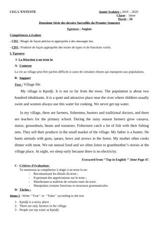 Première page de Anglais 5e — 2e devoir surveillé, 1er semestre (2019-2020) · CEG L'Entente