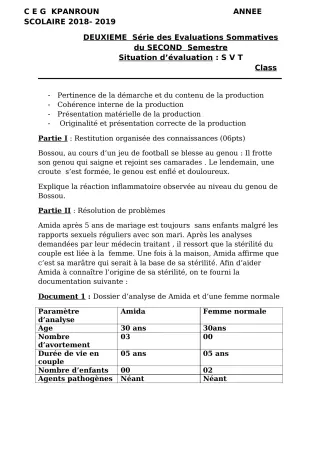 Première page de SVT 3e — 2e évaluation sommative, 2e semestre (2018-2019) · CEG Kpanroun