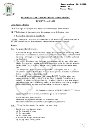Première page de Anglais 4e, 4e ML — 1er devoir surveillé, 2e trimestre (2019-2020) · CPEG ROSAIRE