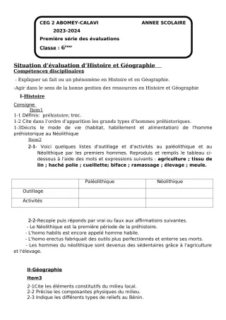 Première page de Histoire-Géographie 6e — 1re évaluation sommative, 1er semestre (2023-2024) · CEG2 ABOMEY - CALAVI (CEG ZOCA)