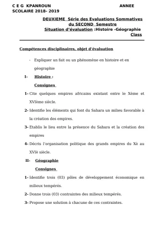 Première page de Histoire-Géographie 5e — 2e évaluation sommative, 2e semestre (2018-2019) · CEG Kpanroun