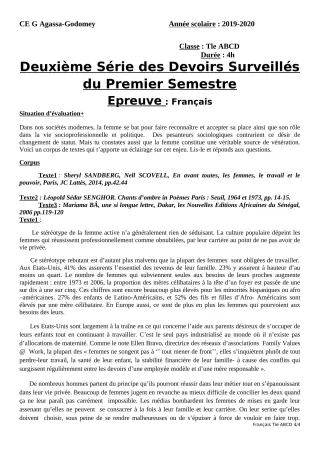 Première page de Français Tle A1, Tle A2, Tle B, Tle C — 2e devoir surveillé, 1er semestre (2019-2020) · CEG Agassa Godomey