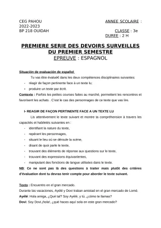 Première page de Espagnol 3e — 1er devoir surveillé, 1er semestre (2022-2023) · CEG PAHOU