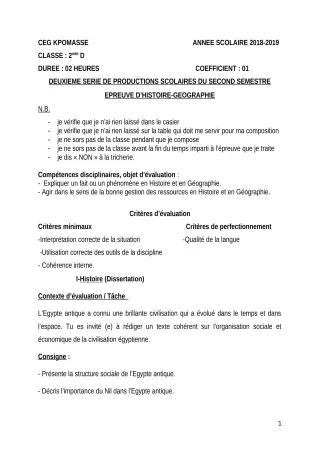 Première page de Histoire-Géographie 2nde D — 2e production scolaire, 2e semestre (2018-2019) · CEG Kpomassè
