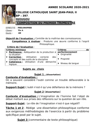 Première page de Philosophie 2nde A1, 2nde C, 2nde D, 1ère A1, 1ère A2, 1ère C, 1ère D, Tle A1, Tle A2, Tle C, Tle D — Composition, 1er trimestre (2020-2021) · CCJPII DJOUGOU