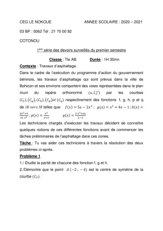 Première page de Mathématiques Tle A1, Tle A2, Tle B — 1er devoir surveillé, 1er semestre (2020-2021) · CEG LE NOKOUE