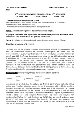 Première page de SVT Tle D — 1er devoir surveillé, 2e semestre (2021-2022) · CEG ZONGO
