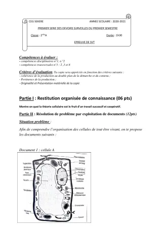 Première page de SVT 2nde A2 — 1er devoir surveillé, 1er semestre (2020-2021) · CEG SEKERE