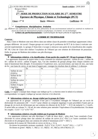 Première page de PCT 1ère D — 2e production scolaire, 2e semestre (2018-2019) · LJF-B/A