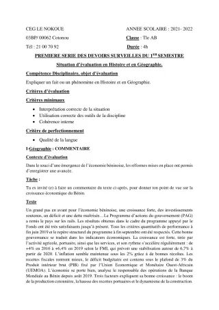 Première page de Histoire-Géographie Tle A1, Tle A2, Tle B — 1er devoir surveillé, 1er semestre (2021-2022) · CEG LE NOKOUE