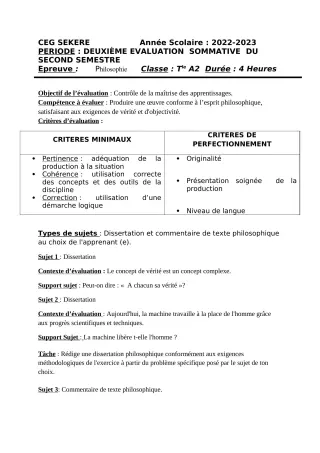 Première page de Philosophie Tle A2 — 2e évaluation sommative, 2e semestre (2022-2023) · CEG SEKERE