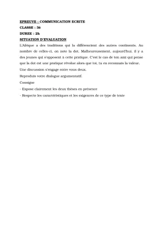 Première page de Devoir surveillé de FRANCAIS — 3e — CEG Yagbe (2023)