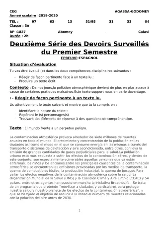 Première page de Espagnol 3e, 3e ML — 2e devoir surveillé, 1er semestre (2019-2020) · CEG Agassa Godomey