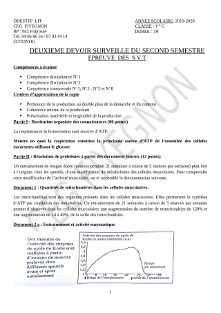 Première page de SVT 2nde D, 1ère C — 2e devoir surveillé, 2e semestre (2019-2020) · CEG FIYEGNON