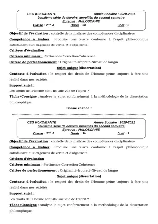 Première page de Philosophie 2nde A1, 2nde A2, 2nde D, 1ère A1, 1ère A2, 1ère D, Tle A1, Tle A2, Tle D — 2e devoir surveillé, 2e semestre (2020-2021) · CEG KOKO