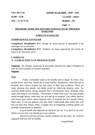 Première page de Anglais 4e — 1er devoir surveillé, 1er semestre (2020-2021) · CEG du Lac