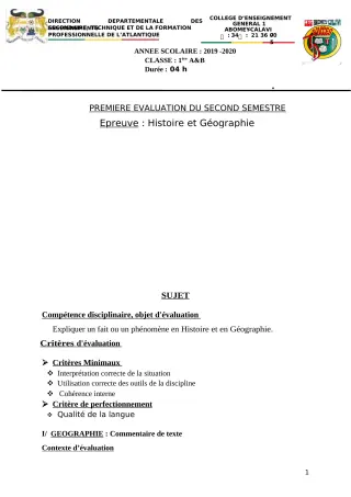 Première page de Histoire-Géographie 1ère A — 2e semestre (2019-2020) · CEG1 Abomey-Calavi