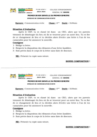 Première page de Français 6e — 1er devoir surveillé, 1er semestre (2023-2024) · CEG SEKERE