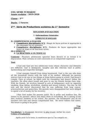 Première page de PCT 6e, 5e, 4e, 3e — 2e production scolaire, 1er semestre (2019-2020) · CEG Sème tchakou