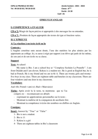 Première page de Devoir surveillé de ANGLAIS — 6e, 5e, 4e, 4e ML, 3e, 3e ML — CEPG La Prunelle de Dieu (2021)