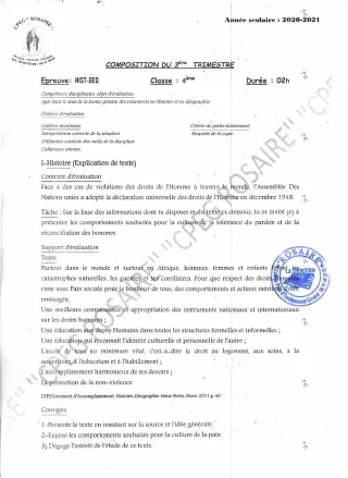 Première page de Histoire-Géographie 4e — 1re composition, 1er trimestre (2020-2021) · CPEG ROSAIRE