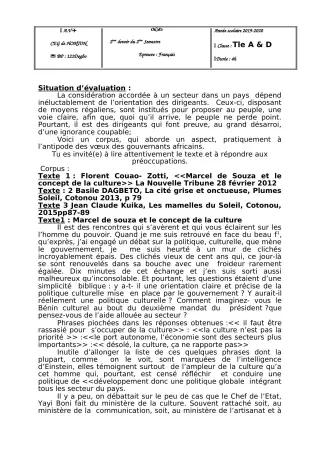 Première page de Français Tle A2 — 2e devoir surveillé, 2e semestre (2019-2020) · CEG Honton
