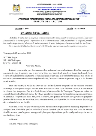 Première page de Français 6e, 5e, 4e, 3e — 1re production scolaire, 1er semestre (2022-2023) · CPEG le Creuset de l'Excellence