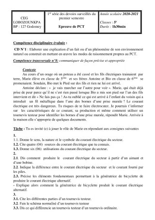 Première page de PCT 5e — 1er devoir surveillé, 1er semestre (2020-2021) · CEG Lobozounkpa