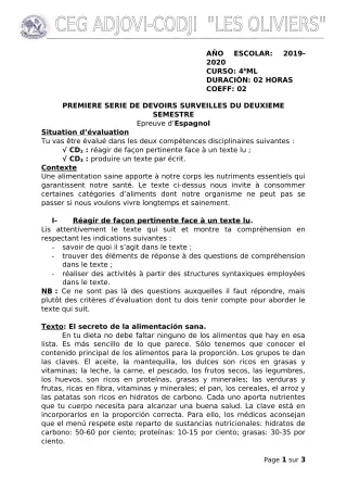 Première page de Espagnol 4e ML — 1er devoir surveillé, 2e semestre (2019-2020) · CEG ADJOVICODJI 'LES OLIVIERS'