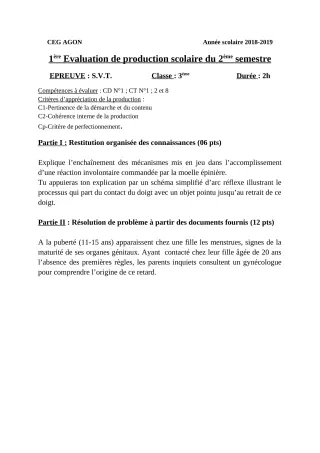 Première page de SVT 3e ML — 1re production scolaire, 2e semestre (2018-2019) · CEG Agon