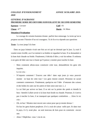 Première page de Français 6e, 5e, 4e — 1er devoir surveillé, 2e semestre (2019-2020) · CEG AGBANOU