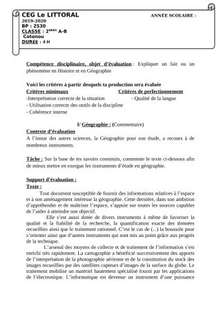 Première page de Histoire-Géographie 2nde A, 2nde A & B, 2nde A2, 2nde B — 2e devoir surveillé, 1er semestre (2019-2020) · CEG Le Littoral