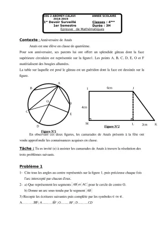 Première page de Mathématiques 4e, 4e ML — 1er devoir surveillé, 1er semestre (2018-2019) · CEG2 ABOMEY - CALAVI (CEG ZOCA)