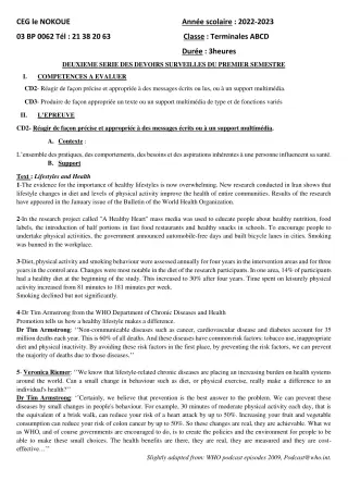 Première page de Anglais Tle A1, Tle A2, Tle B, Tle C, Tle D — 2e devoir surveillé, 1er semestre (2022-2023) · CEG LE NOKOUE
