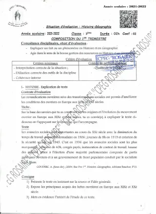 Première page de Histoire-Géographie 3e, 3e ML — 2e composition, 1er trimestre (2021-2022) · CPEG ROSAIRE