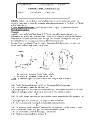 Première page de PCT 6e — 1er devoir surveillé, 1er semestre (2018-2019) · CEG SONNOUMON