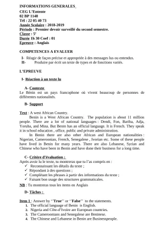 Première page de Anglais 5e — 1er devoir surveillé, 2e semestre (2018-2019) · CEG L'Entente