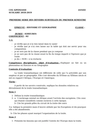 Première page de Histoire-Géographie 4e, 4e ML, 4e ML&MC — 1er devoir surveillé, 1er semestre (2018-2019) · CEG Kpomassè